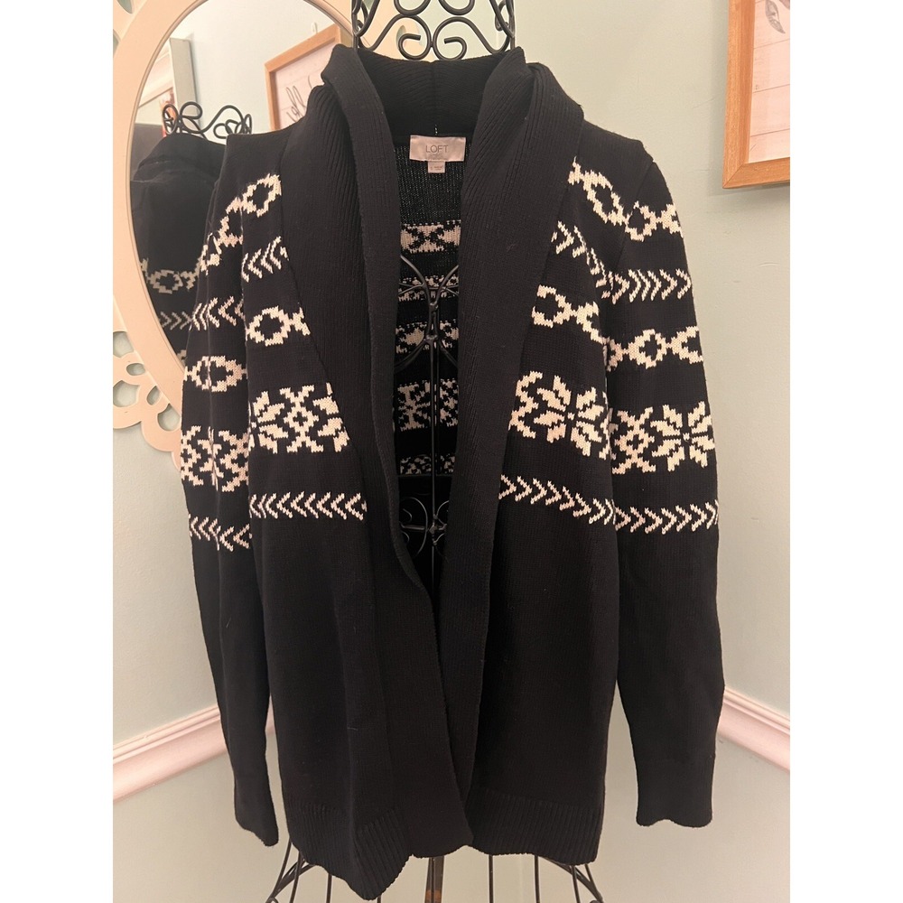 Loft S Aztec Sweater Knit Cardigan Thick Black White Southwestern Open Shawl